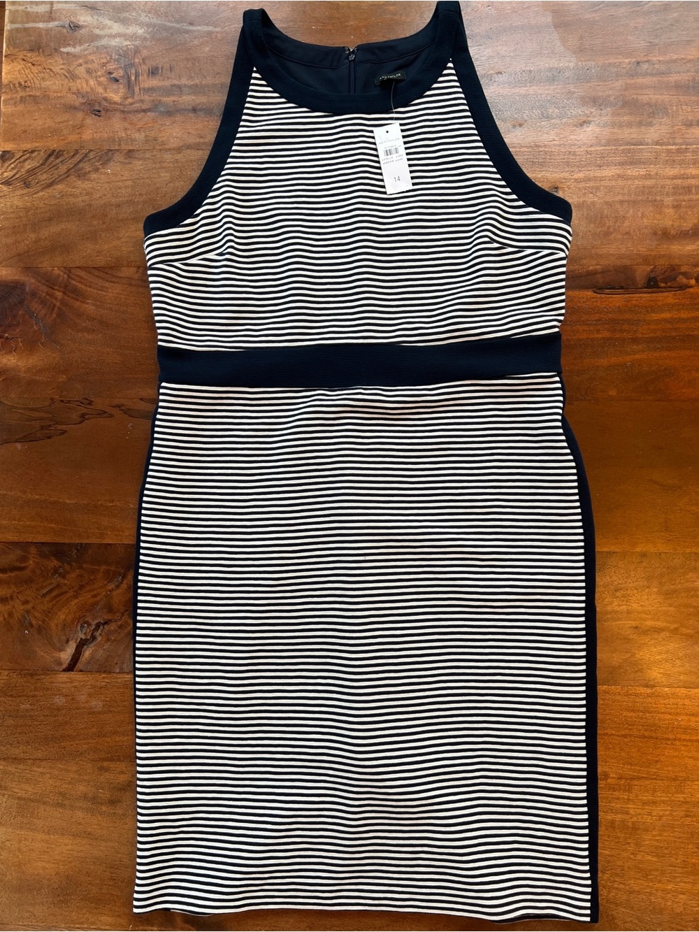 NWT Ann Taylor Dress Womens Size 14 Navy Striped Sleeveless Zip  Sheath